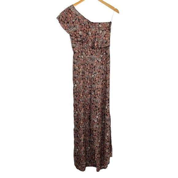 Nasty Gal Womens One on One Floral Jumpsuit Sz 2 Brown One Shoulder Side Slits - Picture 2 of 10